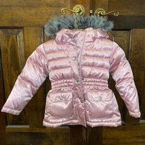 VTG Hanna Andersson 110 shiny pink Down puffer jacket with fur trim
